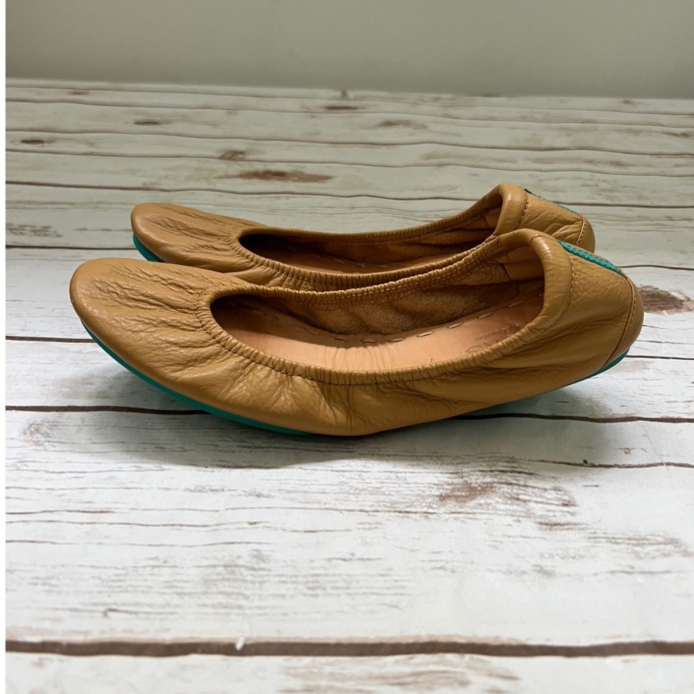 Tieks Ballet Flats Camel Tan Leather Foldable Teal Sole Size 7